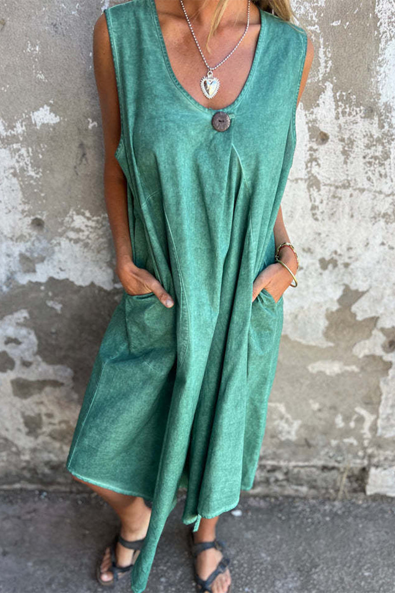 Aiertu  -Casual Solid Color Pocket Buttons O Neck Sleeveless Dresses aiertu