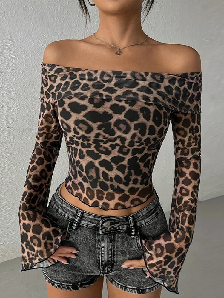Aiertu  -  Women's Leopard T-shirt Harajuku Korean Y2k Tee Top Vintage Off Shoulder Long Sleeve Slim T-shirts 2000s Trashy Clothes Autumn Aiertu