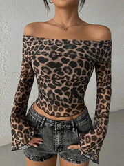 Aiertu  -  Women's Leopard T-shirt Harajuku Korean Y2k Tee Top Vintage Off Shoulder Long Sleeve Slim T-shirts 2000s Trashy Clothes Autumn Aiertu
