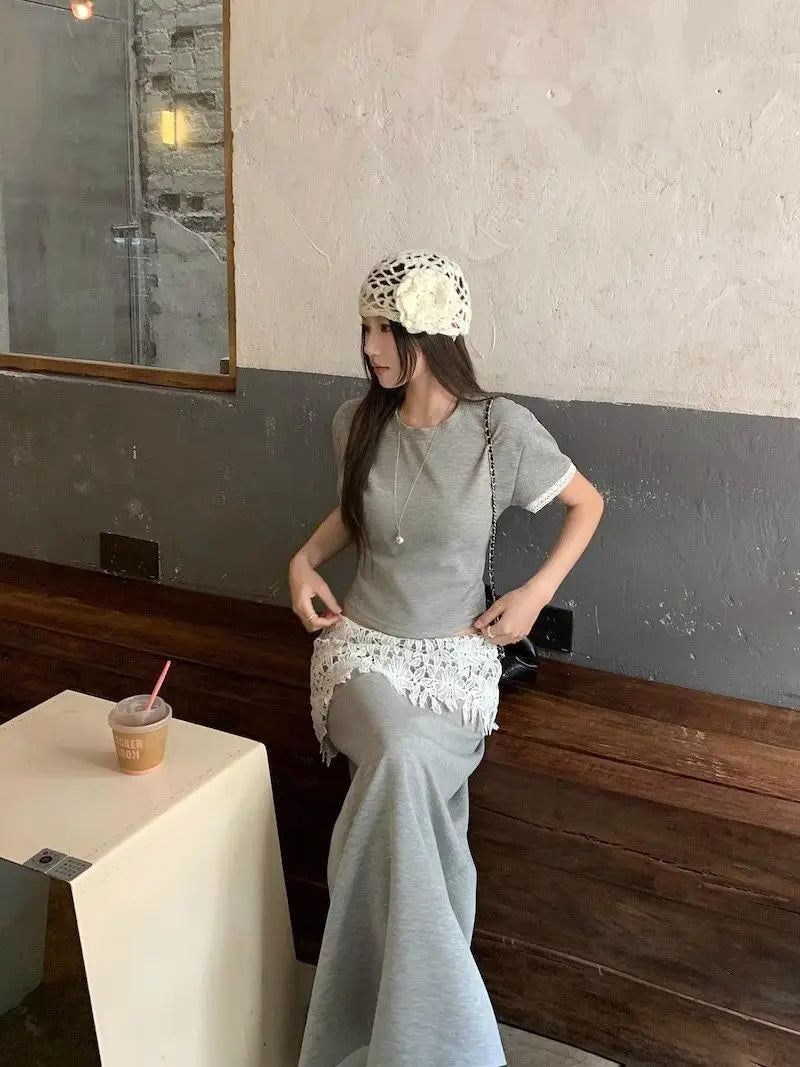 Aiertu  Hot Girl Casual Suit Women's Summer O-neck Short-sleeved T-shirt Lace Patchwork A-line Skirt 2-piece Set Fashion Female Clothes Aiertu