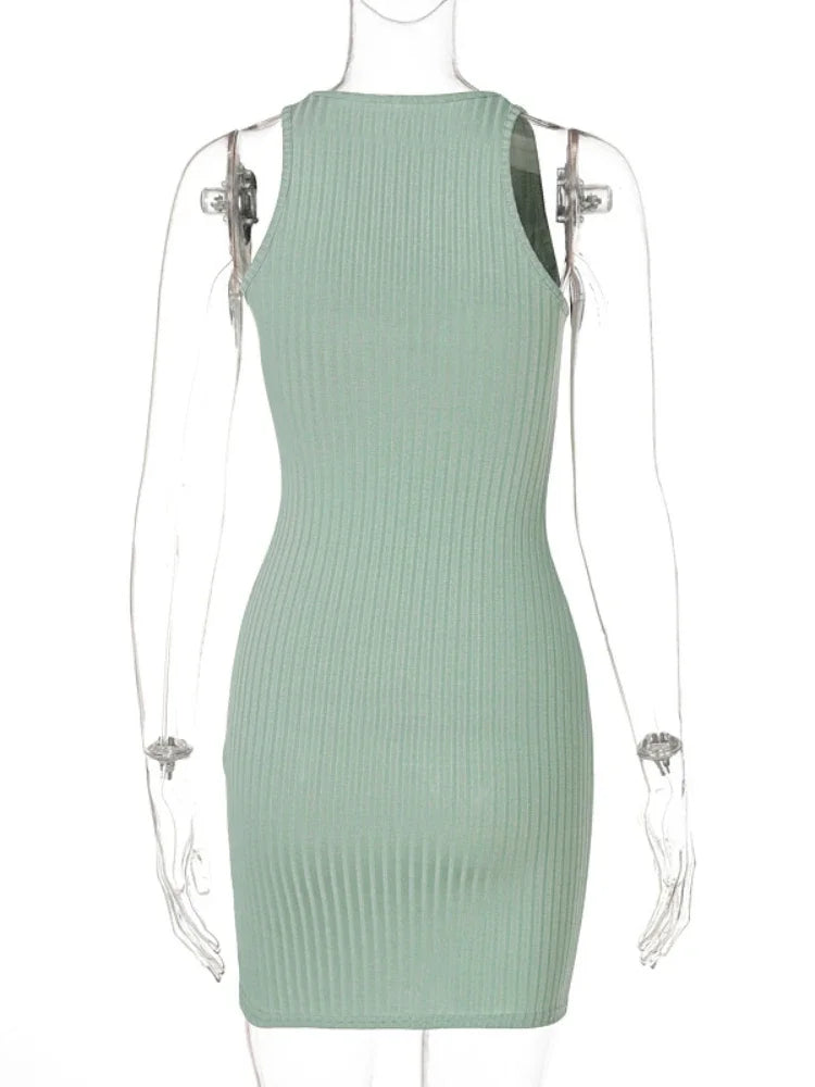 Aiertu Sexy Zipper Deep V Neck Rib Knitting Bodycon Dress Women Sleeveless Solid Color Skinny Mini Dress Elegant Club Party Vestidos Aiertu