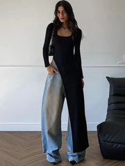 Aiertu  -  Woman Clothing Long Sleeve High Slit Black T-shirt Dress Y2K Streetwear 2026 Fall Ladies High Waist Slim Irregular Long Dresses Aiertu