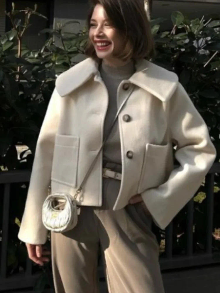 Aiertu      - 2026 Warm Lapel Long Sleeved With Pocket Crop Jacket Women's Single Breasted Casual Coat Autumn Winter Ladies Street Outerwear Aiertu