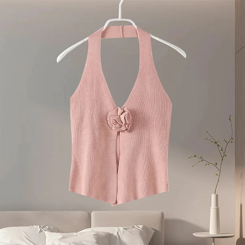 Aiertu  -  Sexy Knitted 3D Flower Halter Vest Women Solid Hallow Out V-neck Sleeveless Female Tank 2026 Summer Slim Fashion Lady Tops Aiertu