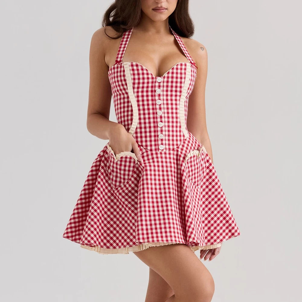 Aiertu  -  Solid Spliced Button Slimming Dresses for Women Square Neck Sleeveless High Waist Temperament Dress Female Aiertu