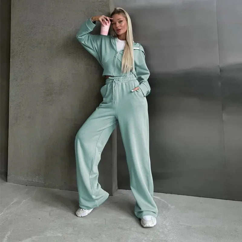 Aiertu  -  Casual Solid Hoodies Pants Set Women Long Sleeve Zipper Short Sweatshirt Loose Drawstring Trouser 2026 Autumn New Lady Tracksuit Aiertu