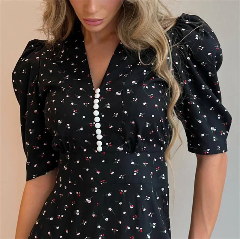 Aiertu  -  Print Short Sleeve Dress V Neck Maxi Dress For Women Elegant High Waist Button Print Sexy Slim Fashion Holiday Dress Aiertu