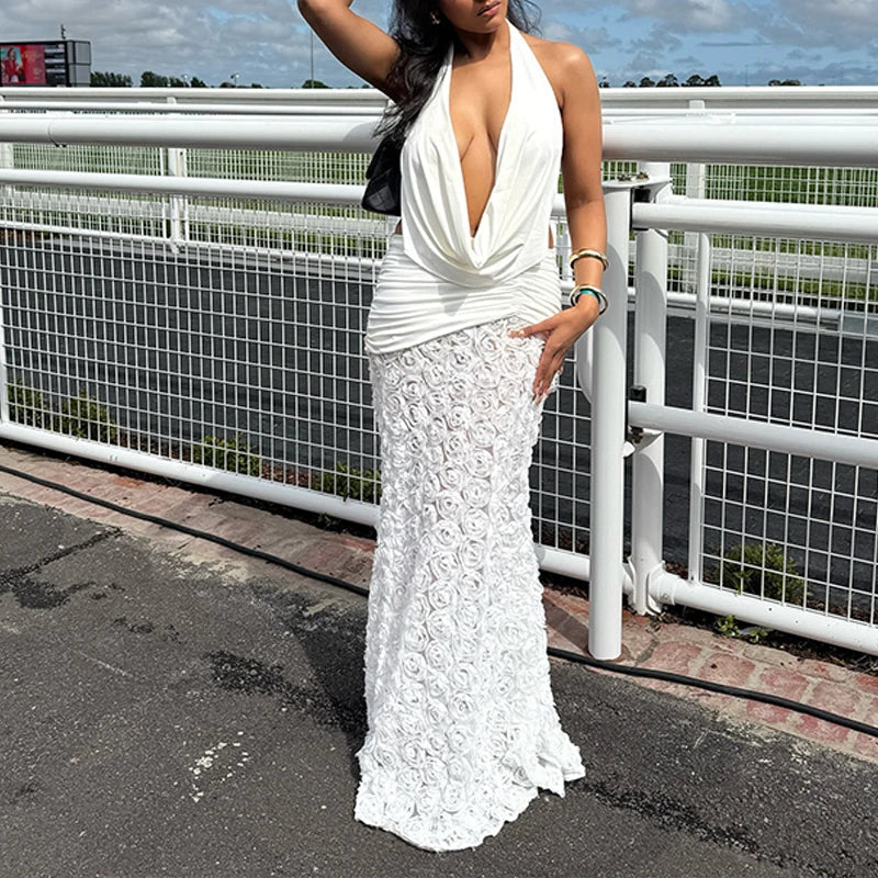 Aiertu  -  Elegant 3D Floral Swinging Collar Long Dresses Women Retro White Backless Ruched Lacing 2025 Chic Lady Party Club Gown Robe Aiertu