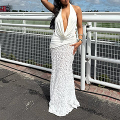 Aiertu  -  Elegant 3D Floral Swinging Collar Long Dresses Women Retro White Backless Ruched Lacing 2025 Chic Lady Party Club Gown Robe Aiertu