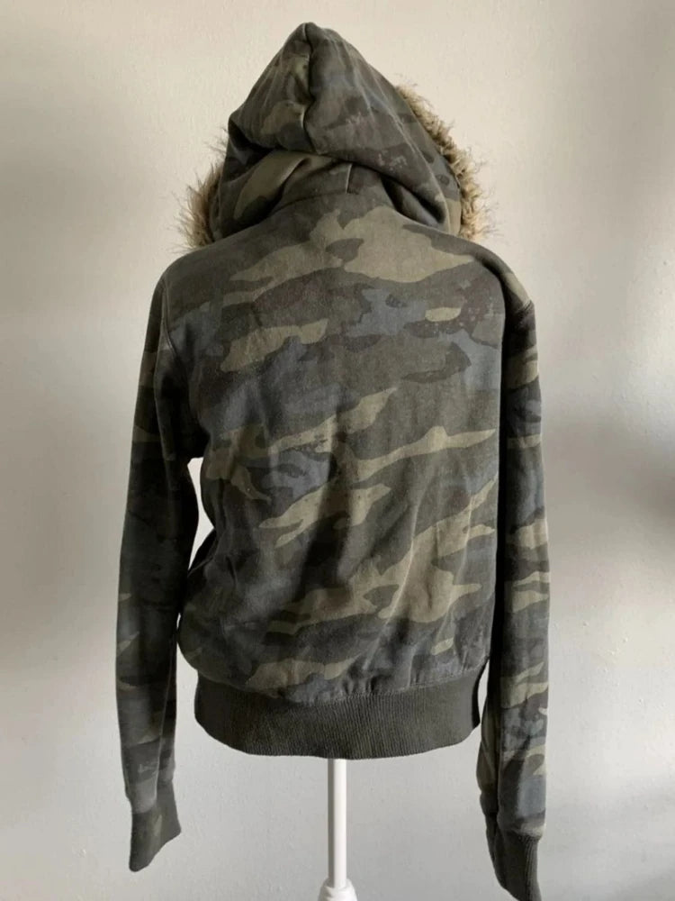 Aiertu  -  Harajuku Casual Fur Patchwork Hooded Hoodies Women Y2k Aesthetic Camouflage Streetwear Hoody Grunge Zippers Slim Fit Sweatshirts Aiertu