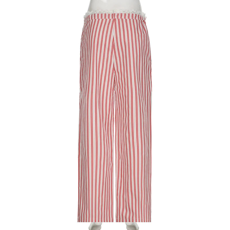 Aiertu  -  Sweet Stripe Lace Patchwork Women Pants Low Waist Drawstring Harajuku Korean Trousers Straight Leg Bottoms Basic New Aiertu