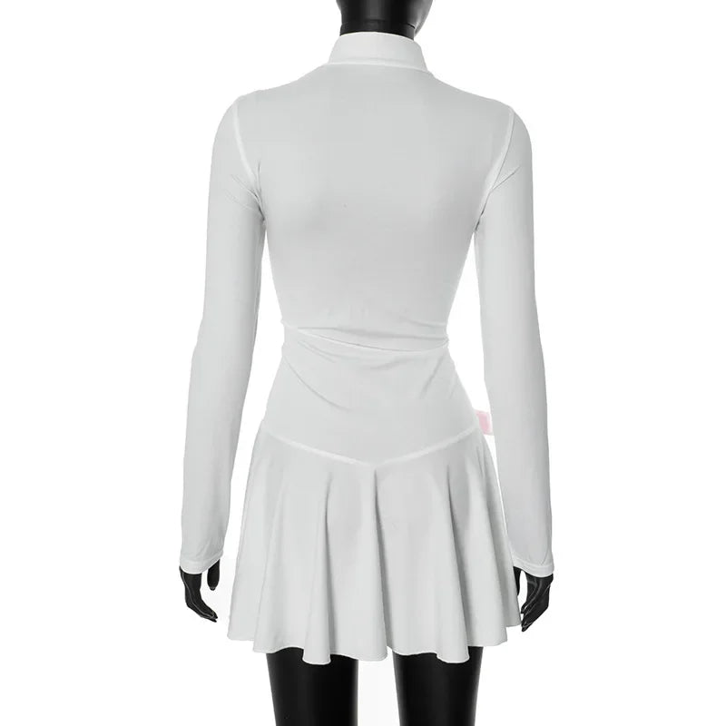 Aiertu  -  Turtleneck Slim Bows Mini Dress For Women Fashion PAtchwork Long Sleeve Sexy Outfits Folds Hem Hot Girl Club Party Dress Aiertu