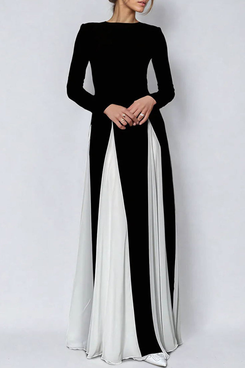 Aiertu  -  Elegant Solid Color Contrast O Neck Long Dresses Aiertu