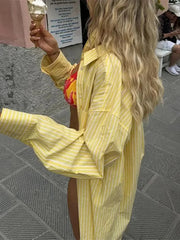 Aiertu  -  Fashion Chic Yellow Striped Blouse For Women Casual Lapel Single Breasted Long Sleeve Shirt Summer Ladies Vacation Beach Tops Aiertu