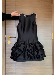 Aiertu  -  French Style Holiday Slim Fit A-line Dress Women's Summer Sleeveless Ruffled Black Satin Dress Fashion Female Clothes Aiertu