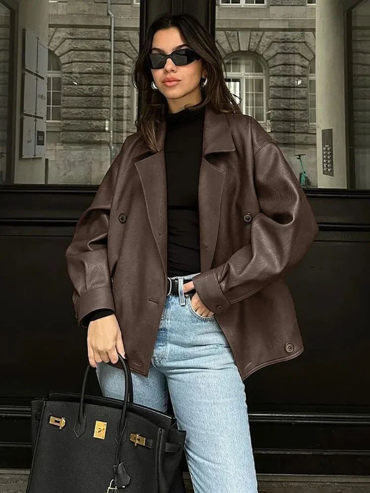 Aiertu  -  Retro Suit Collar Loose Leather Jackets Women's 2026 Autumn Winter Fashion Solid Double Breasted Female High Street Coat Aiertu