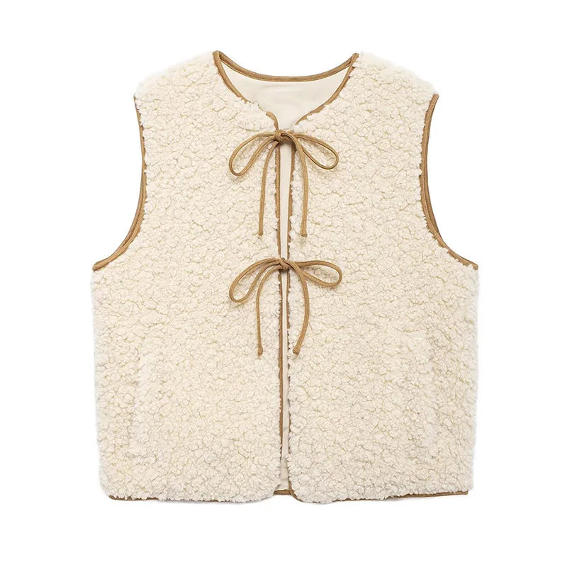 Aiertu  -  Fleece Vest Women Casual Loose Round Neck Lace Up Hollow Out Sleeveless Coats Female Autumn Winter Fashion Solid Vests Lady Aiertu