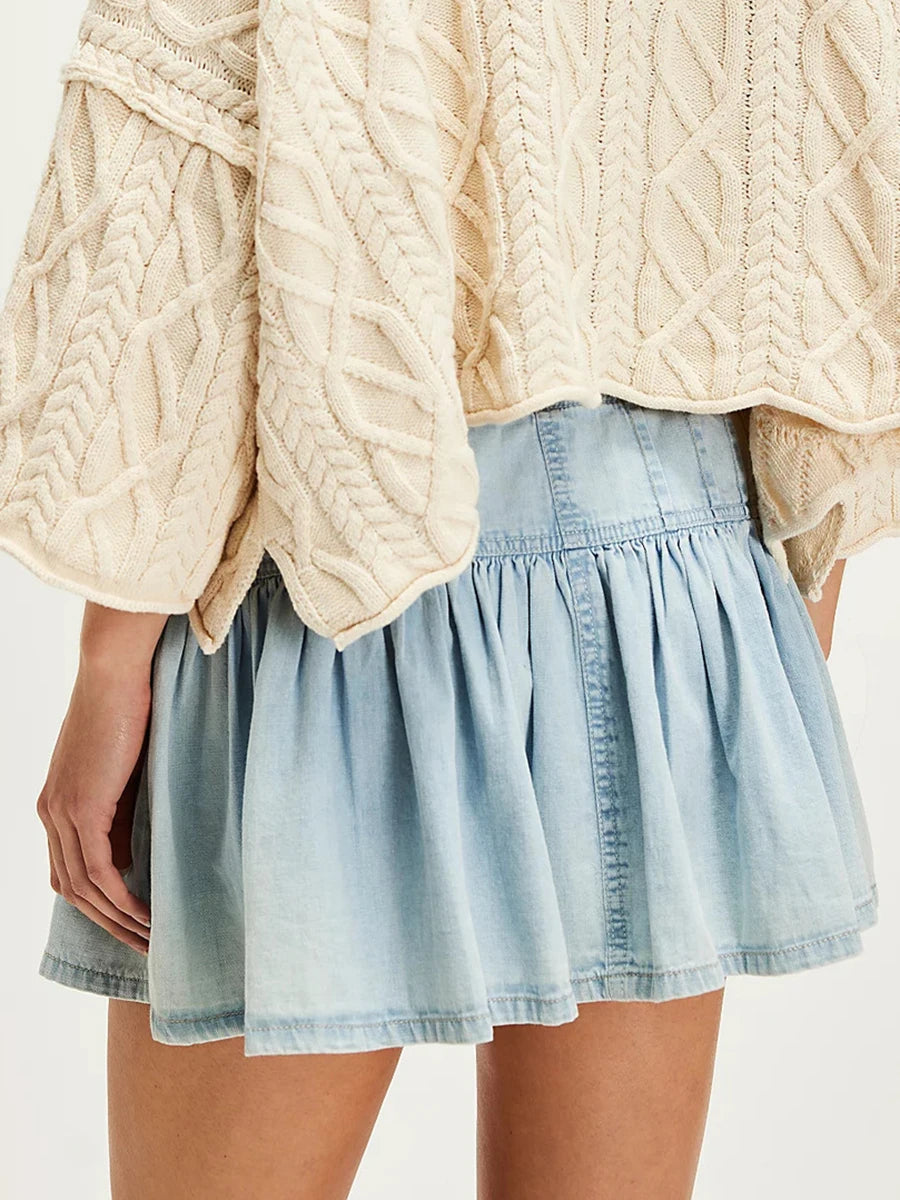 Aiertu  -  Drawstring Denim Mini Skirts For Women Summer Buttons Elastic Waist Short A-line Skirt Simple Casual Fashion Faldas Bottom New Aiertu