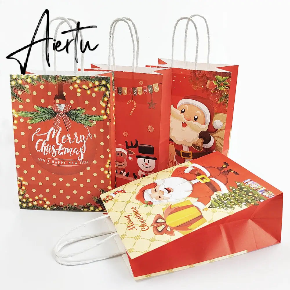 4Pcs Merry Christmas Paper Gift Bags Santa Claus Snowflake Dot Cartoon Stripe Xmas Tree Candy Biscuit Bag for Christmas Supplies Aiertu