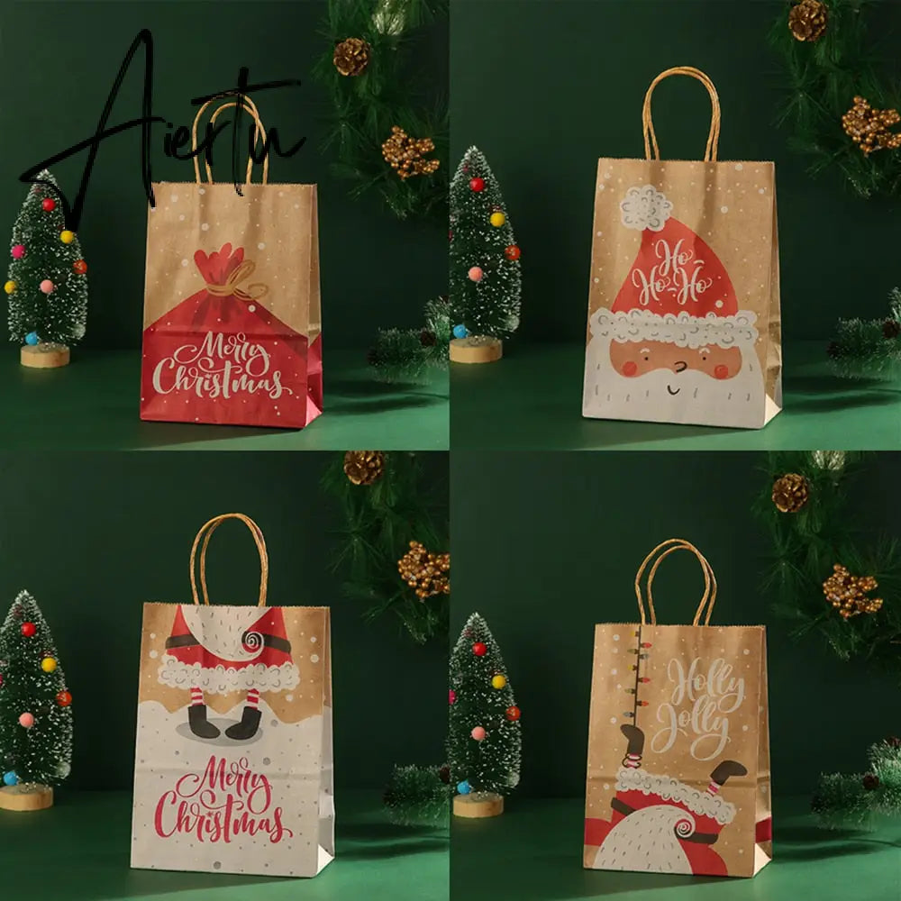 4Pcs Merry Christmas Paper Gift Bags Santa Claus Snowflake Dot Cartoon Stripe Xmas Tree Candy Biscuit Bag for Christmas Supplies Aiertu