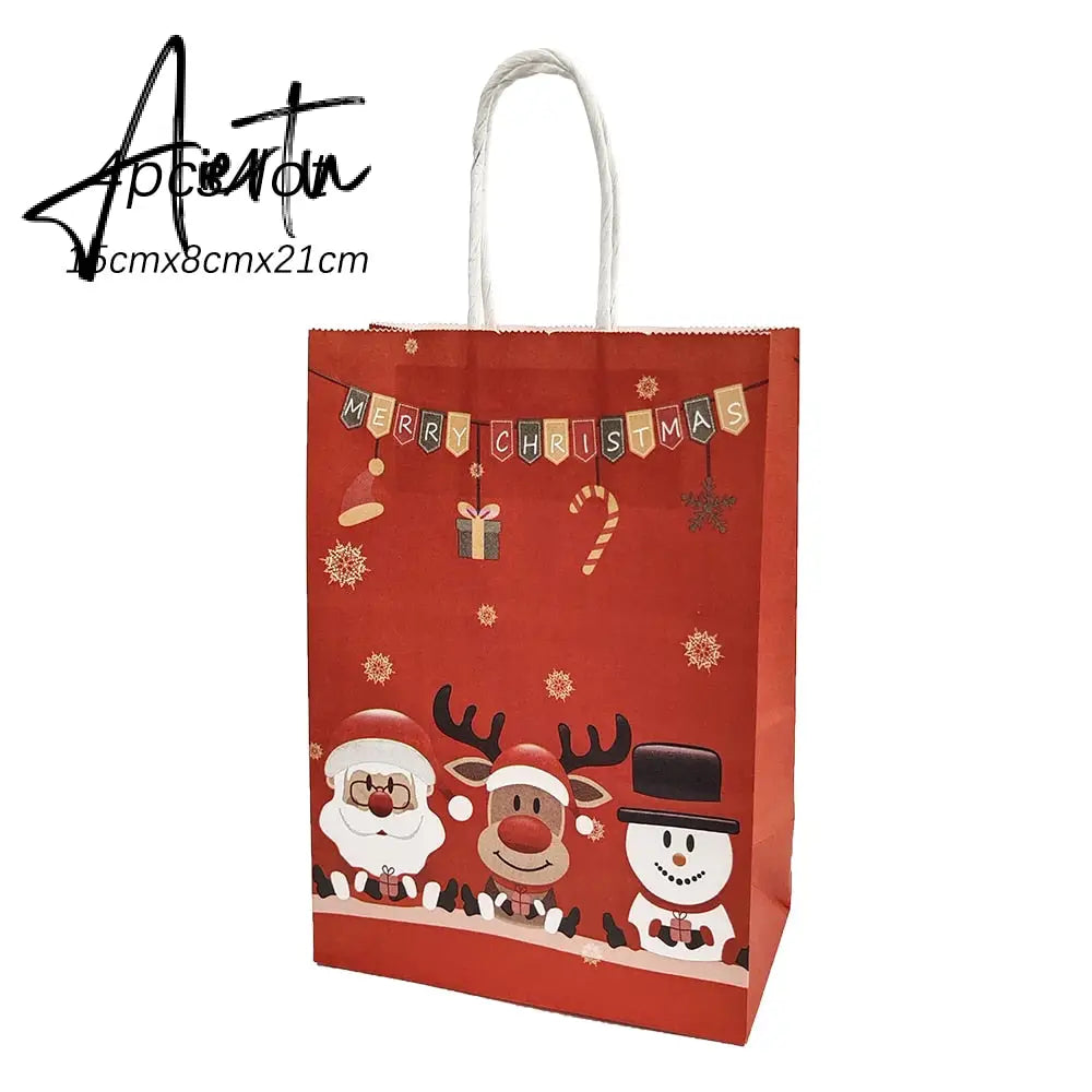 4Pcs Merry Christmas Paper Gift Bags Santa Claus Snowflake Dot Cartoon Stripe Xmas Tree Candy Biscuit Bag for Christmas Supplies Aiertu