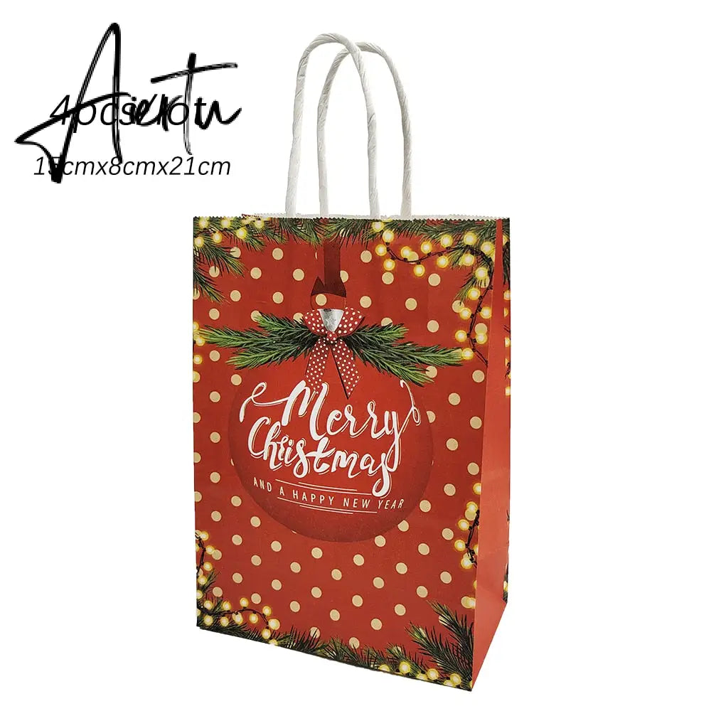 4Pcs Merry Christmas Paper Gift Bags Santa Claus Snowflake Dot Cartoon Stripe Xmas Tree Candy Biscuit Bag for Christmas Supplies Aiertu