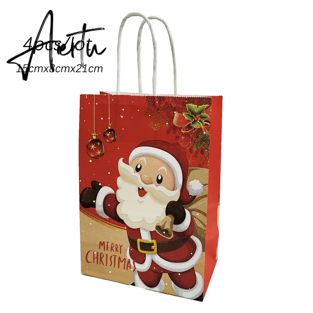 4Pcs Merry Christmas Paper Gift Bags Santa Claus Snowflake Dot Cartoon Stripe Xmas Tree Candy Biscuit Bag for Christmas Supplies Aiertu