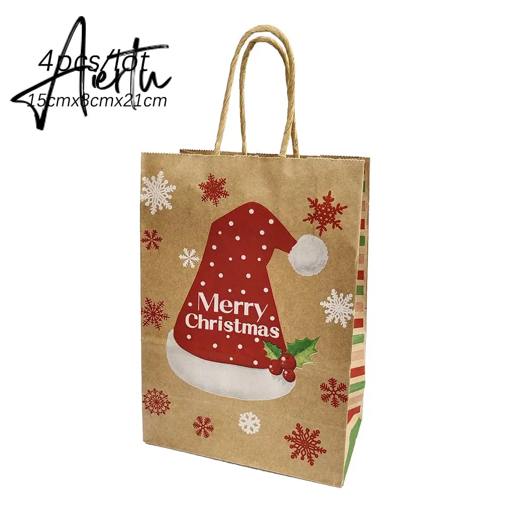 4Pcs Merry Christmas Paper Gift Bags Santa Claus Snowflake Dot Cartoon Stripe Xmas Tree Candy Biscuit Bag for Christmas Supplies Aiertu