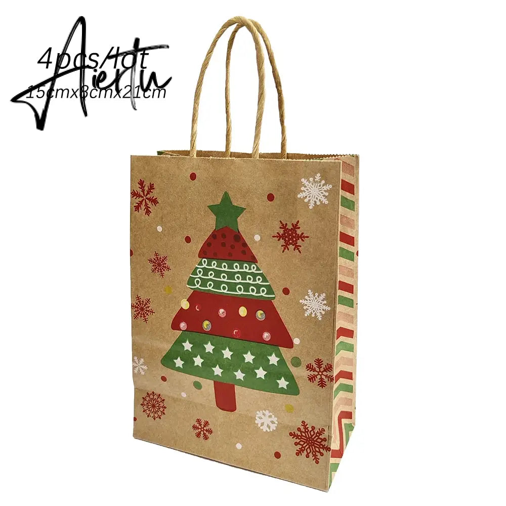 4Pcs Merry Christmas Paper Gift Bags Santa Claus Snowflake Dot Cartoon Stripe Xmas Tree Candy Biscuit Bag for Christmas Supplies Aiertu