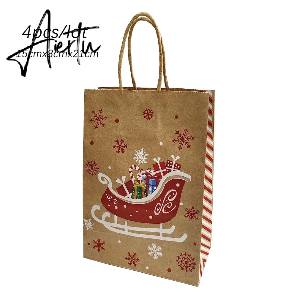 4Pcs Merry Christmas Paper Gift Bags Santa Claus Snowflake Dot Cartoon Stripe Xmas Tree Candy Biscuit Bag for Christmas Supplies Aiertu