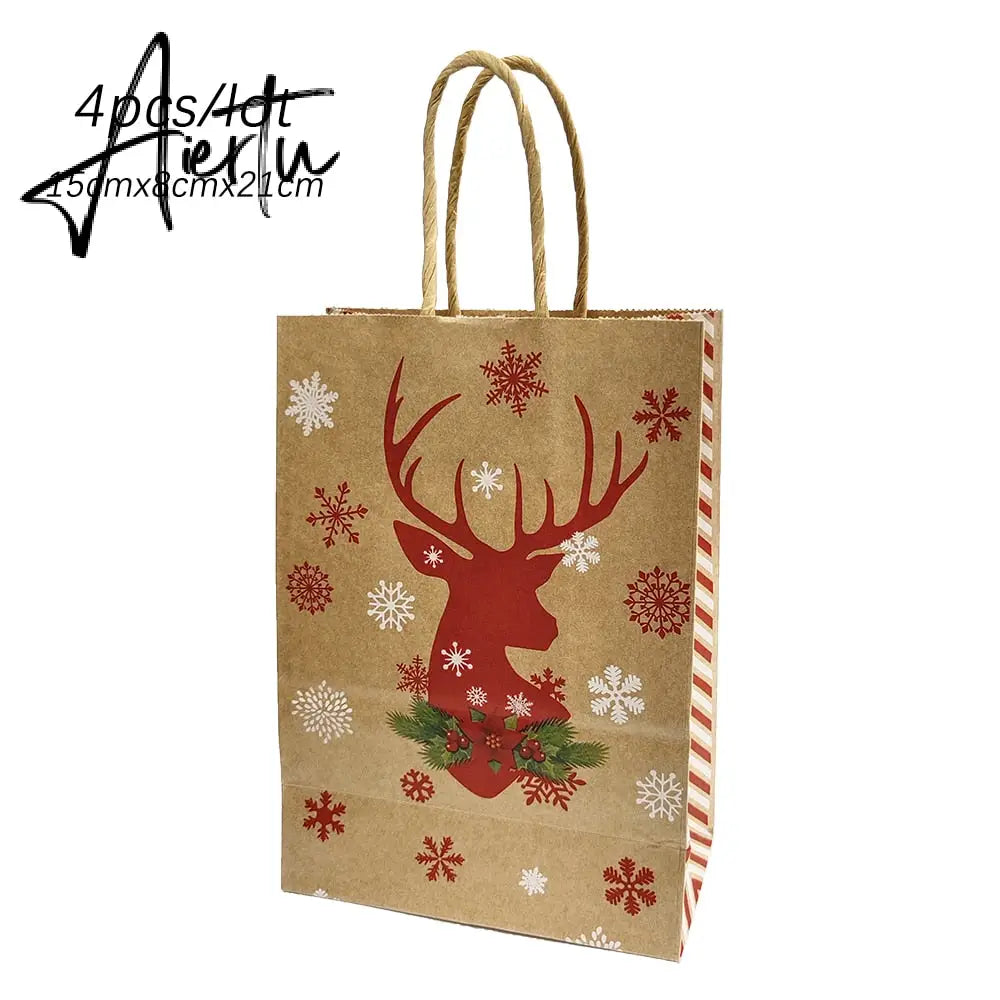 4Pcs Merry Christmas Paper Gift Bags Santa Claus Snowflake Dot Cartoon Stripe Xmas Tree Candy Biscuit Bag for Christmas Supplies Aiertu