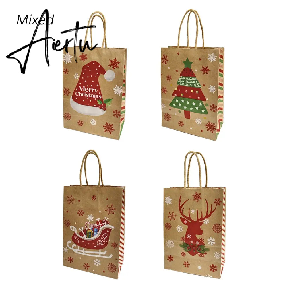 4Pcs Merry Christmas Paper Gift Bags Santa Claus Snowflake Dot Cartoon Stripe Xmas Tree Candy Biscuit Bag for Christmas Supplies Aiertu