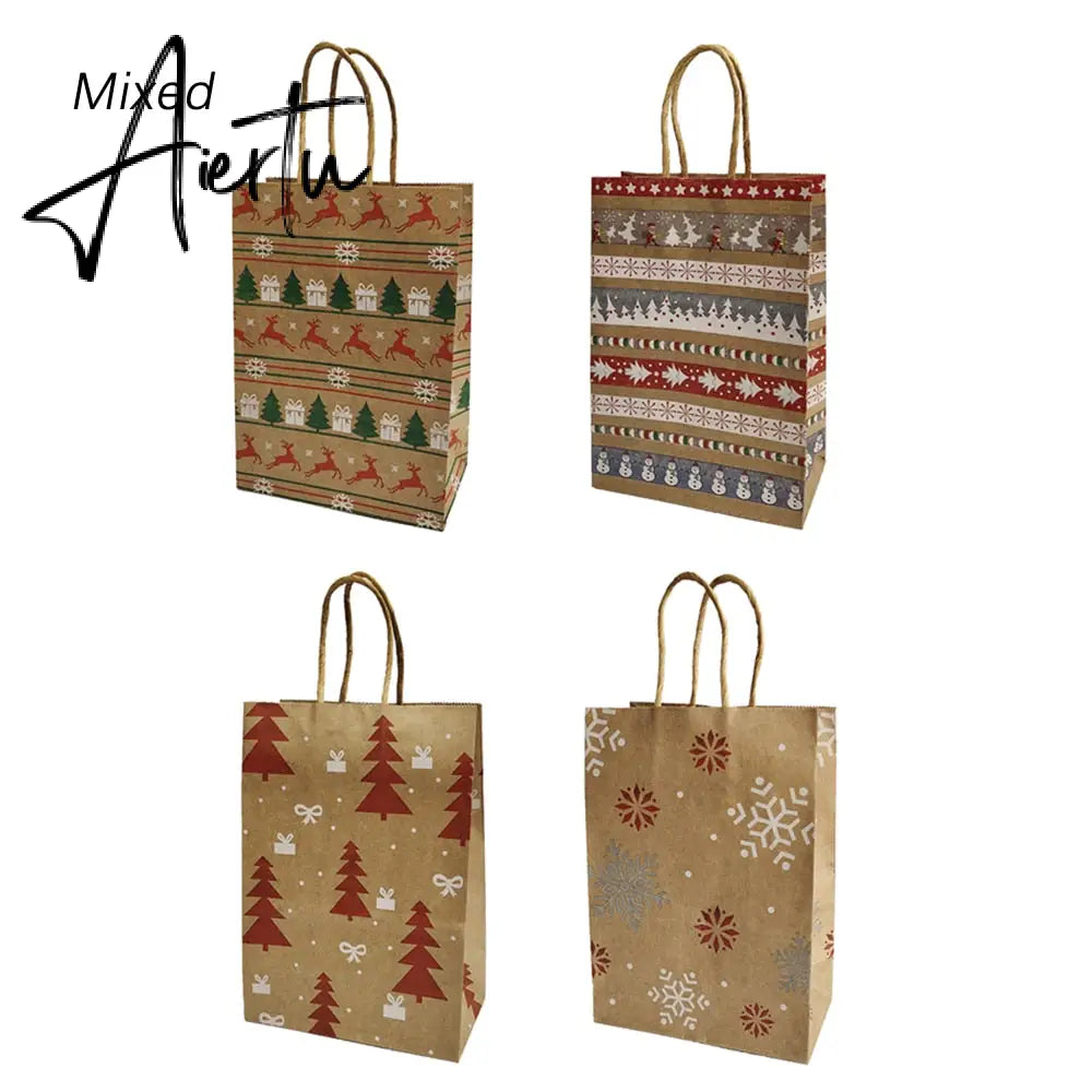 4Pcs Merry Christmas Paper Gift Bags Santa Claus Snowflake Dot Cartoon Stripe Xmas Tree Candy Biscuit Bag for Christmas Supplies Aiertu