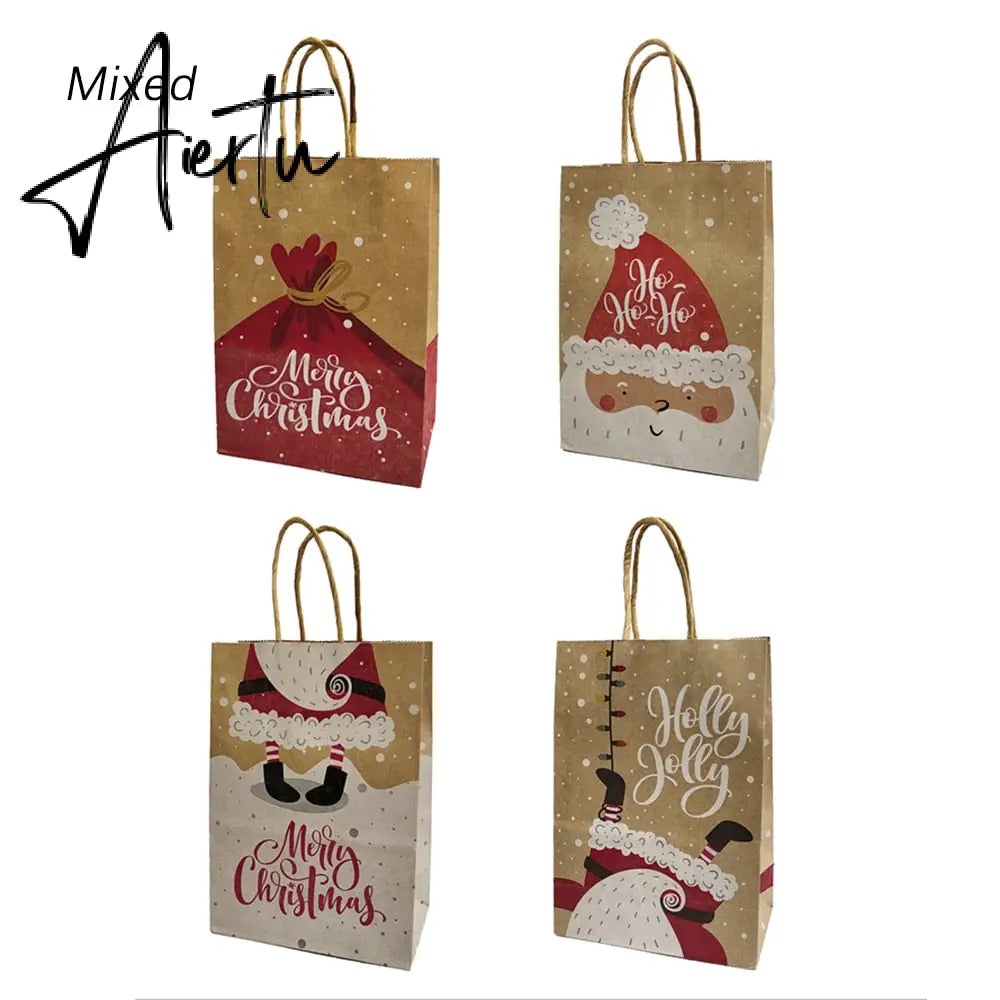 4Pcs Merry Christmas Paper Gift Bags Santa Claus Snowflake Dot Cartoon Stripe Xmas Tree Candy Biscuit Bag for Christmas Supplies Aiertu