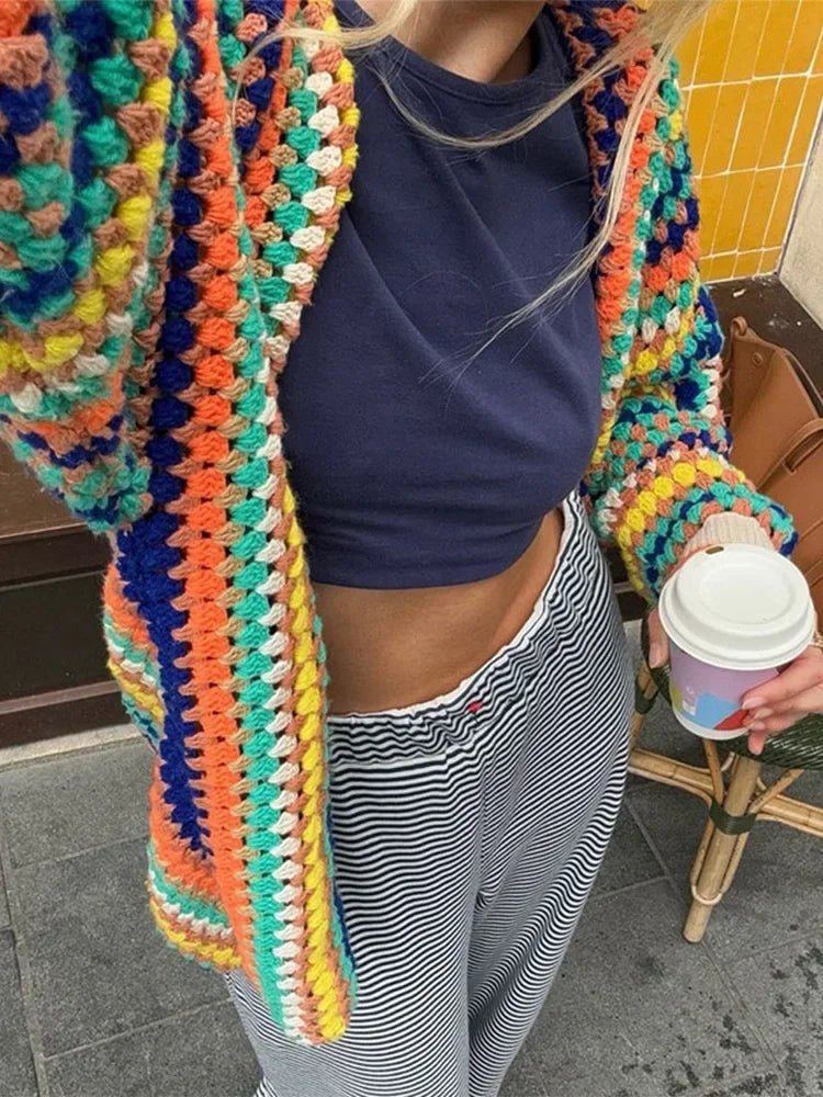 Aiertu  -  Women Fashion Colorful Stripes Crochet Knitted Cardigan Elegant Long Sleeves Open Front Sweater Coat 2026 Autumn High Streetwear Aiertu