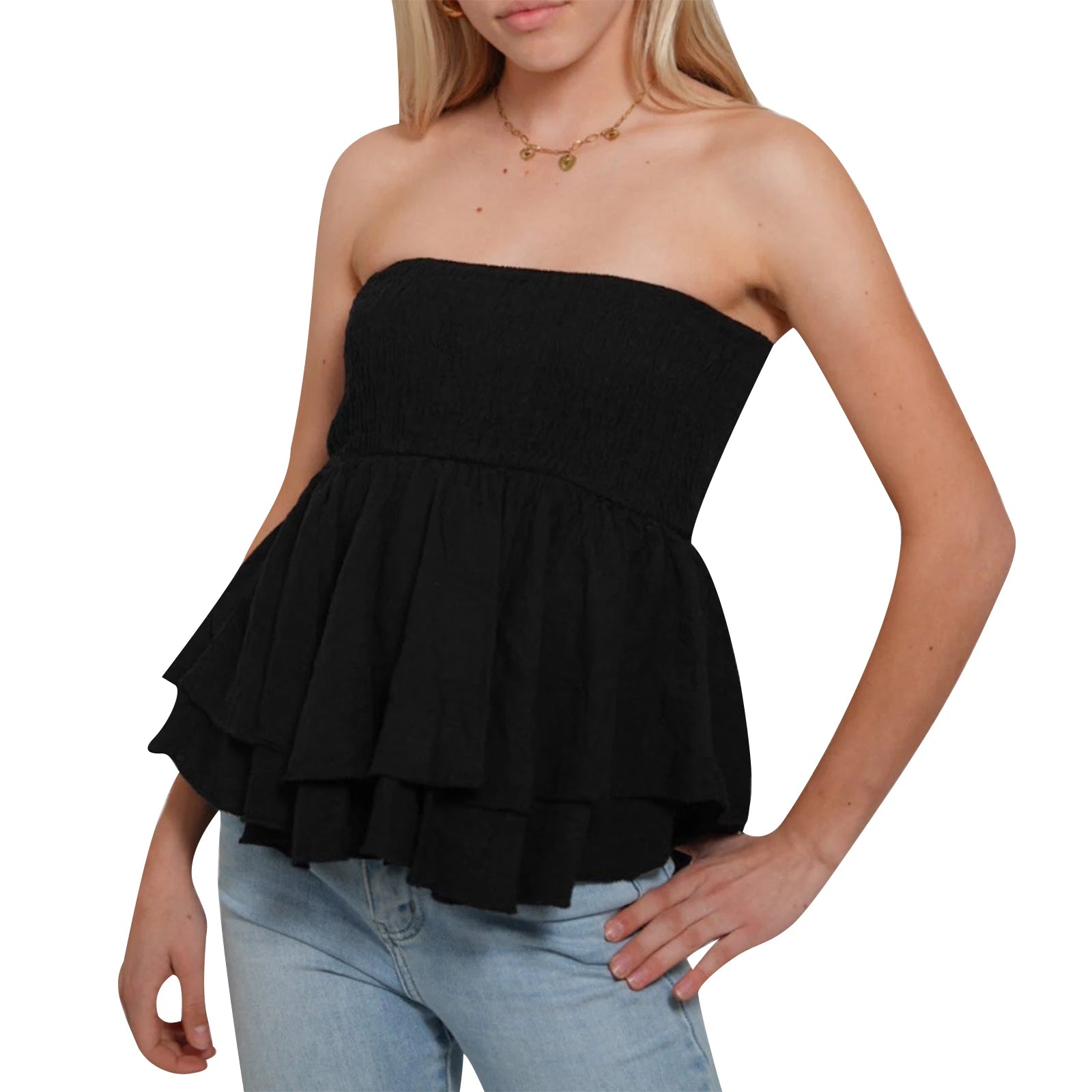 Aiertu  Summer Shirred Tube Tops for Women Off Shoulder Backless Sleeveless Layered Ruffle Vest for Party Club Aiertu