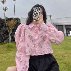 Aiertu Y2K Printing Shirt Korean Sweet Puff Sleeve Crop Tops Fashion Turn Down Collar Long Sleeve All Match Harajuku Blouses New Aiertu