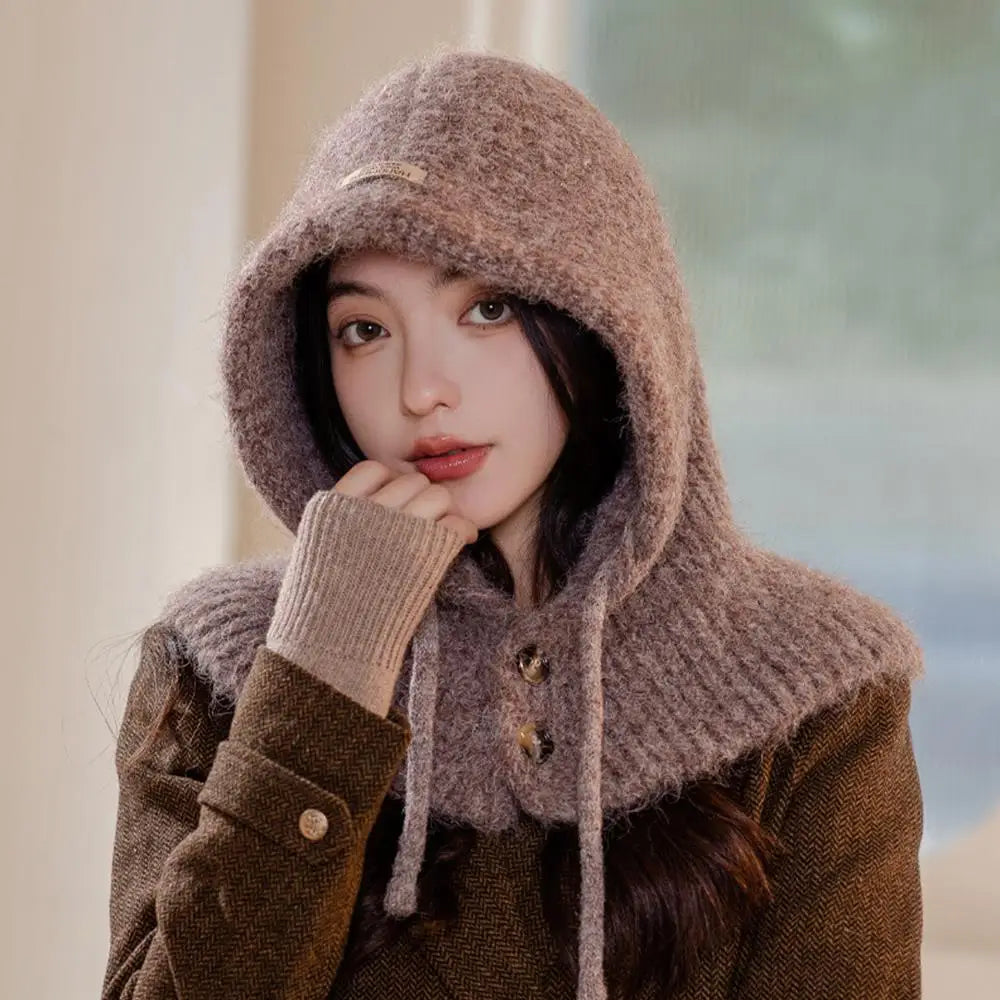 Aiertu  -  Winter Balaclava Hat Warm Knitted Women's Hood Hat Caps Cap Outdoor Pullover Color One-piece Solid Neck Cashmere Pullover Hat Aiertu