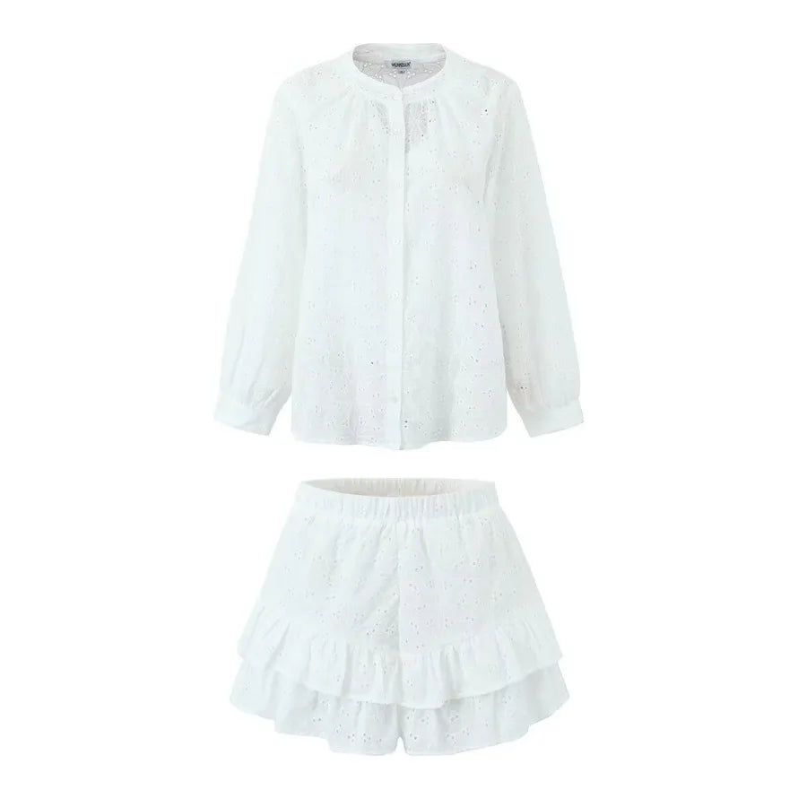 Aiertu  -  White Eyelet Cotton Dress Women Long Sleeve Buttons down Elastic Waist Ruffled Summer Dress Chic Girl Mini Dress Holiday Dresses Aiertu