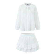 Aiertu  -  White Eyelet Cotton Dress Women Long Sleeve Buttons down Elastic Waist Ruffled Summer Dress Chic Girl Mini Dress Holiday Dresses Aiertu