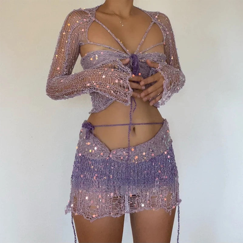 Aiertu  -  Women Fashion Knit Slim 3Pc Sets Sexy Hollow Long Sleeve Cardigan & Top & Mini Skirt Suit Elegant Sequin Hot Girls Skirt Outfits Aiertu