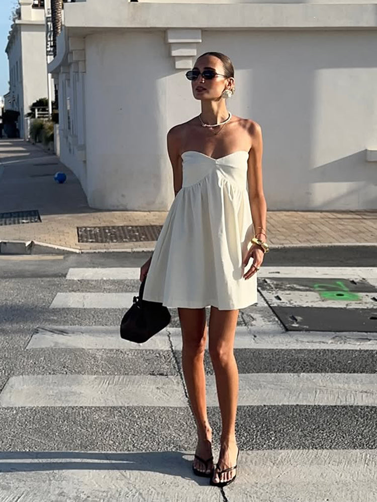 Aiertu  Women's Sexy White Strapless Dresses 2025 Summer Backless High Waist Pleated Mini Gowns Lady Fashion A-line Beach Vacation Dress Aiertu