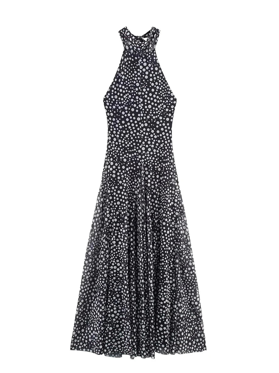 Aiertu  -  Sexy Spliced Dot Print Maxi Dress for Women Halter Neck Off Shoulder High Waist Temperament Folds Dresses Female Aiertu