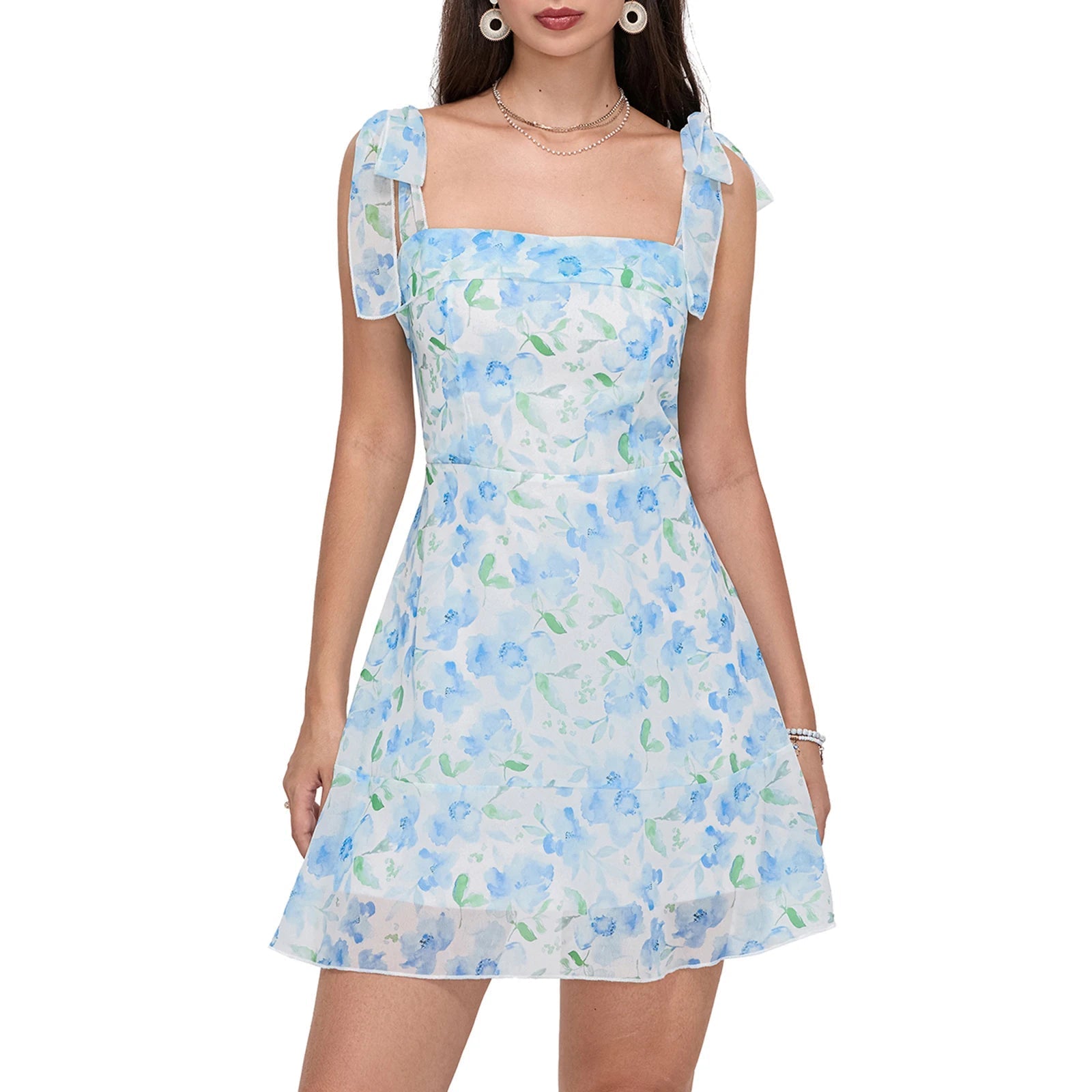 Aiertu  -  Women Summer Casual Dress Floral Print Tie-Up Shoulder Strap Mini Dress Fashion Double Layer Backless Cami Dress Aiertu