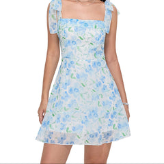 Aiertu  -  Women Summer Casual Dress Floral Print Tie-Up Shoulder Strap Mini Dress Fashion Double Layer Backless Cami Dress Aiertu