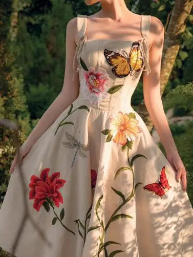 Aiertu  -   party look snspos New Fashion Butterfly Flower Print Vintage Runway Dress For Women Sexy Spaghetti Strap Slim Waist Dresses Vestidos Aiertu