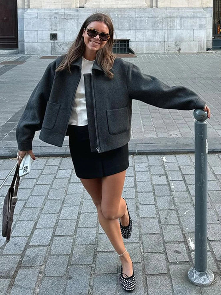 Aiertu  -  Woolen Zipper Solid Women Jacket Full Sleeve Pocket Lady Coat Fashion Autumn Winter Lapel Warm Casual Female Overcoat Aiertu