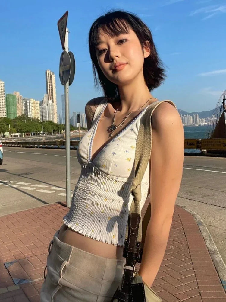 Aiertu  -  New Tank Top Women Summer Y2k Aesthetic V Neck Sexy Tops Sleeveless Streetwear Cute Floral Print Tanks Pleated Cropped Tops Aiertu