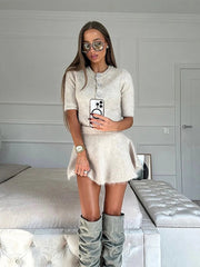 Aiertu  -  Women O Neck Button Wool Sweater Suit Casual High Waist Knitted Mini Skirts Set Fashion Autumn Winter Lady Commuting Outfit Aiertu