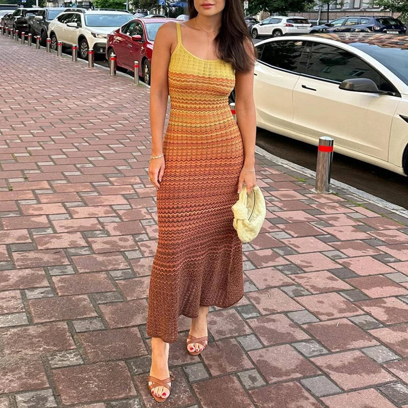 Aiertu  -  Lady Casual Summer O-neck Suspender Dress Beach Holiday Backless Knitted Long Dress Gradient Striped Printed Slim A-line Dress Aiertu
